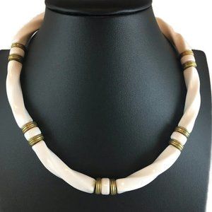 Vintage White Plastic and Brass Choker Necklace.